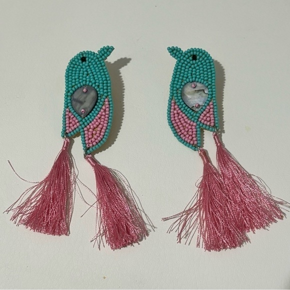 Turquoise and pink beaded earrings large and beautiful - Picture 1 of 4